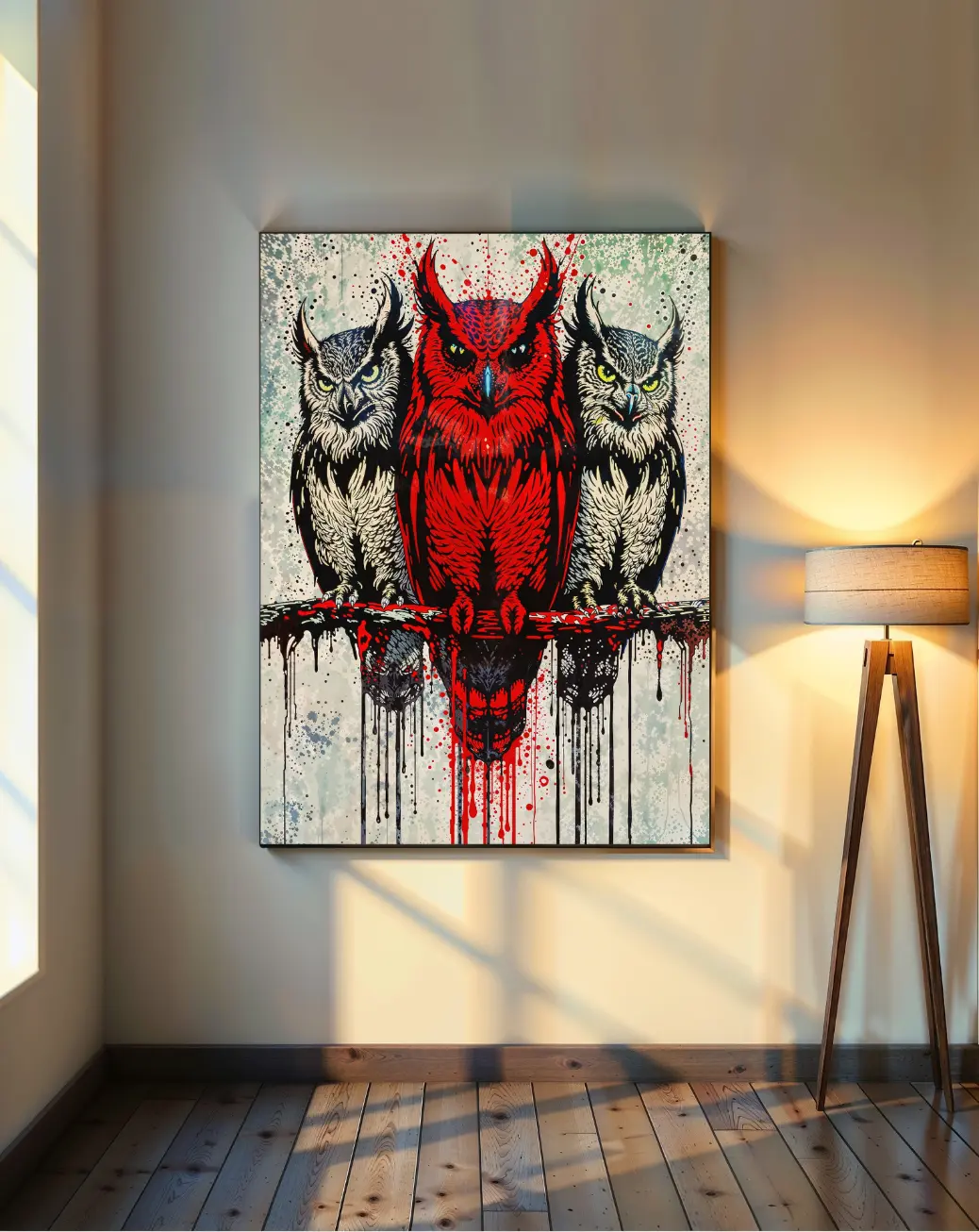 The Crimson Owl Trio print framed and hung above a modern gray sofa, adding a bold pop of red.