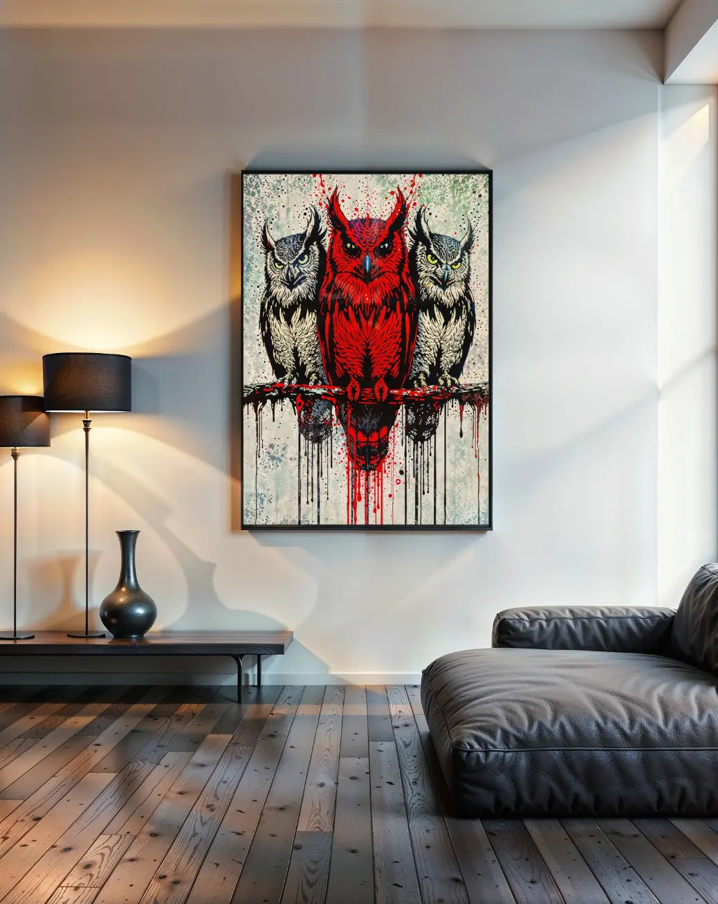 Crimson Owl Trio digital art print showing a central red owl and two black-and-white owls in a street art style.