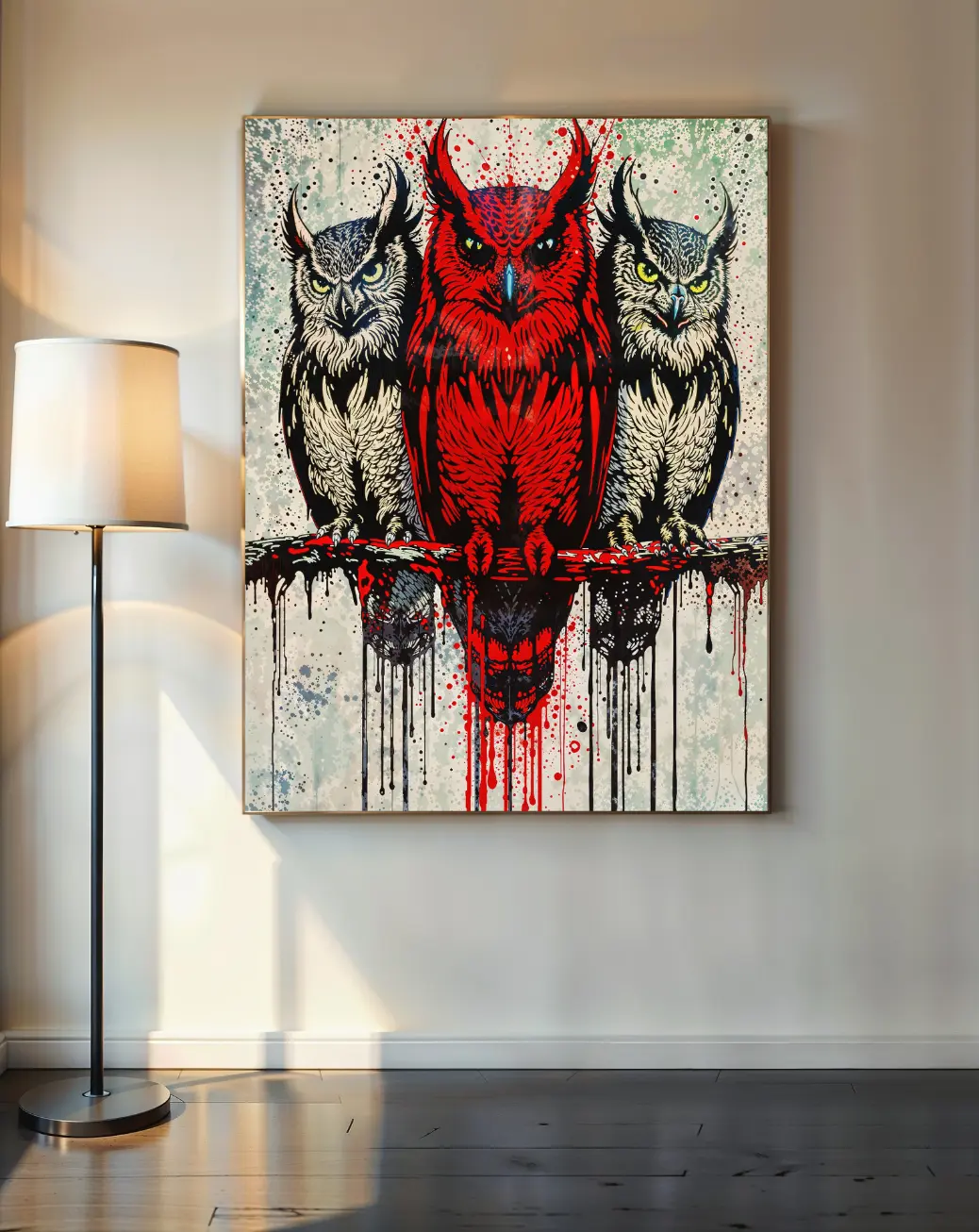 A person admiring the framed Crimson Owl Trio street art print on a dark, moody wall.