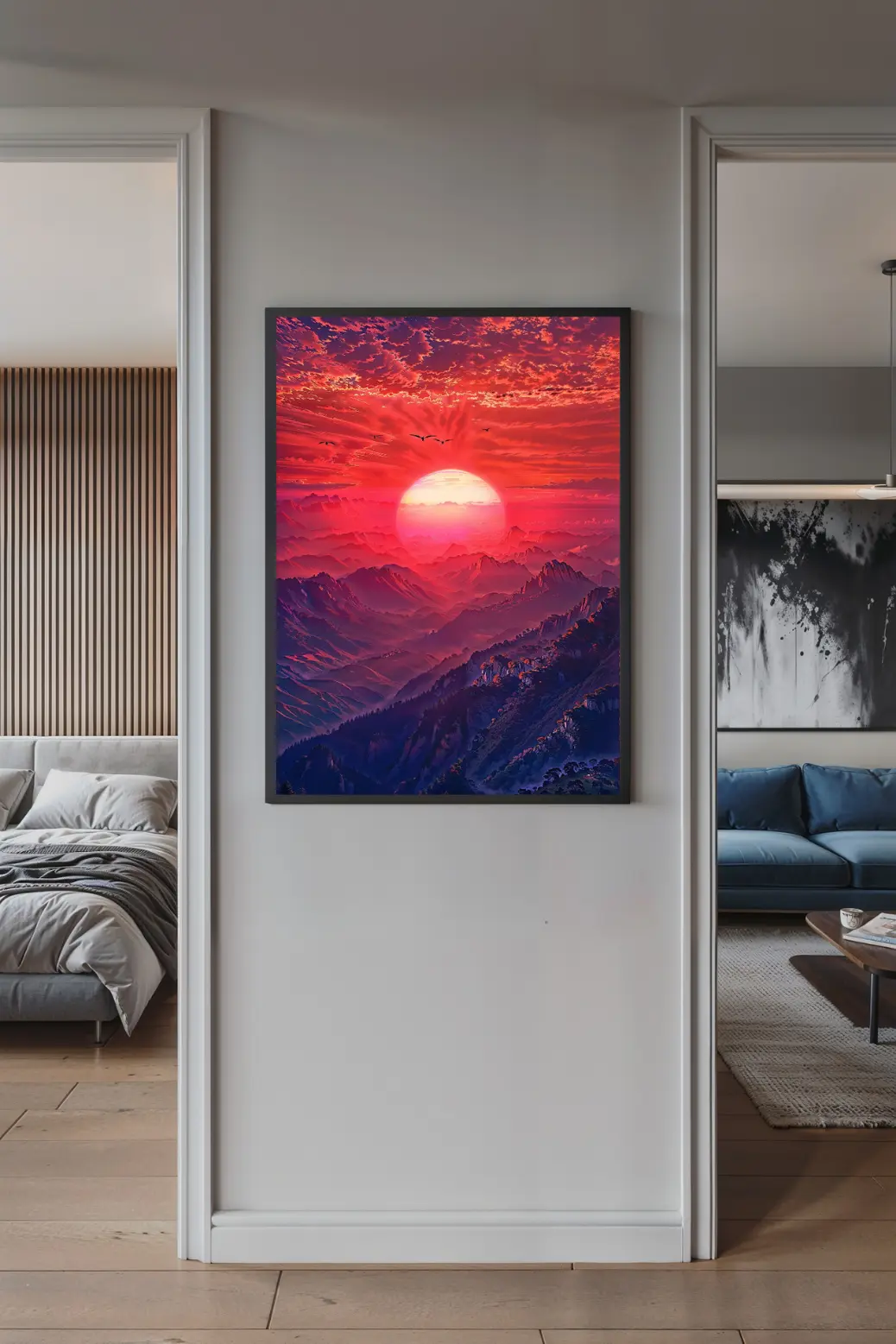 How the 'Vibrant Red Mountain Sunset' art looks as a home decor statement piece.