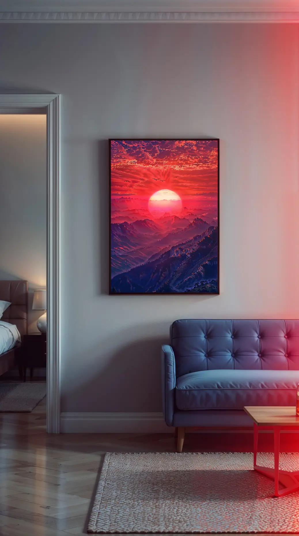 The layers of crimson mountains in the printable art being reviewed on the blog.