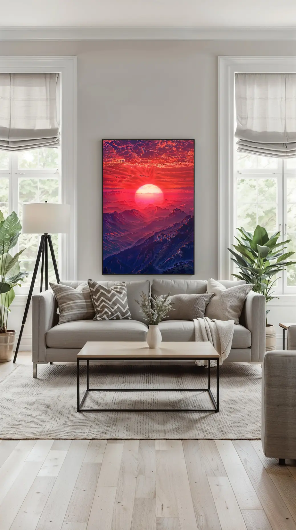 Blog post review image of a fiery red sky over mountain peaks.