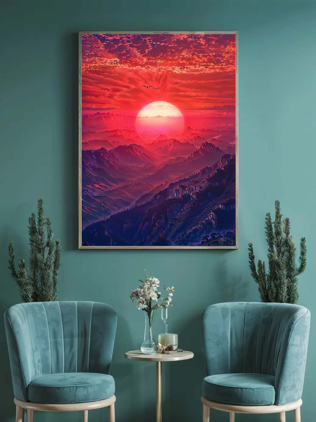 Close-up of the glowing sun in the 'Vibrant Red Mountain Sunset' print.