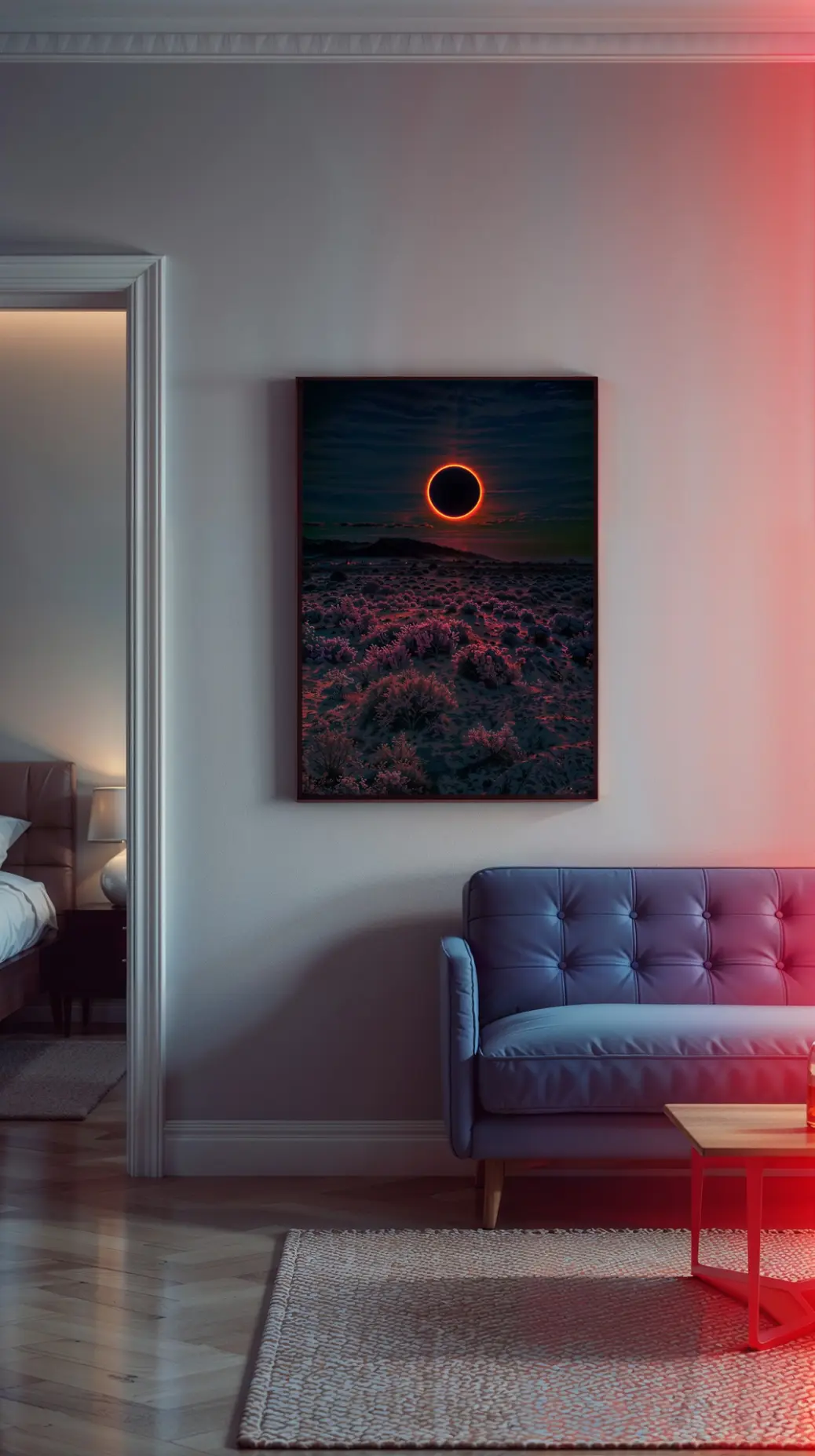 The moody solar eclipse printable art framed above a bed, creating a relaxing, cosmic vibe in a dark-themed bedroom.