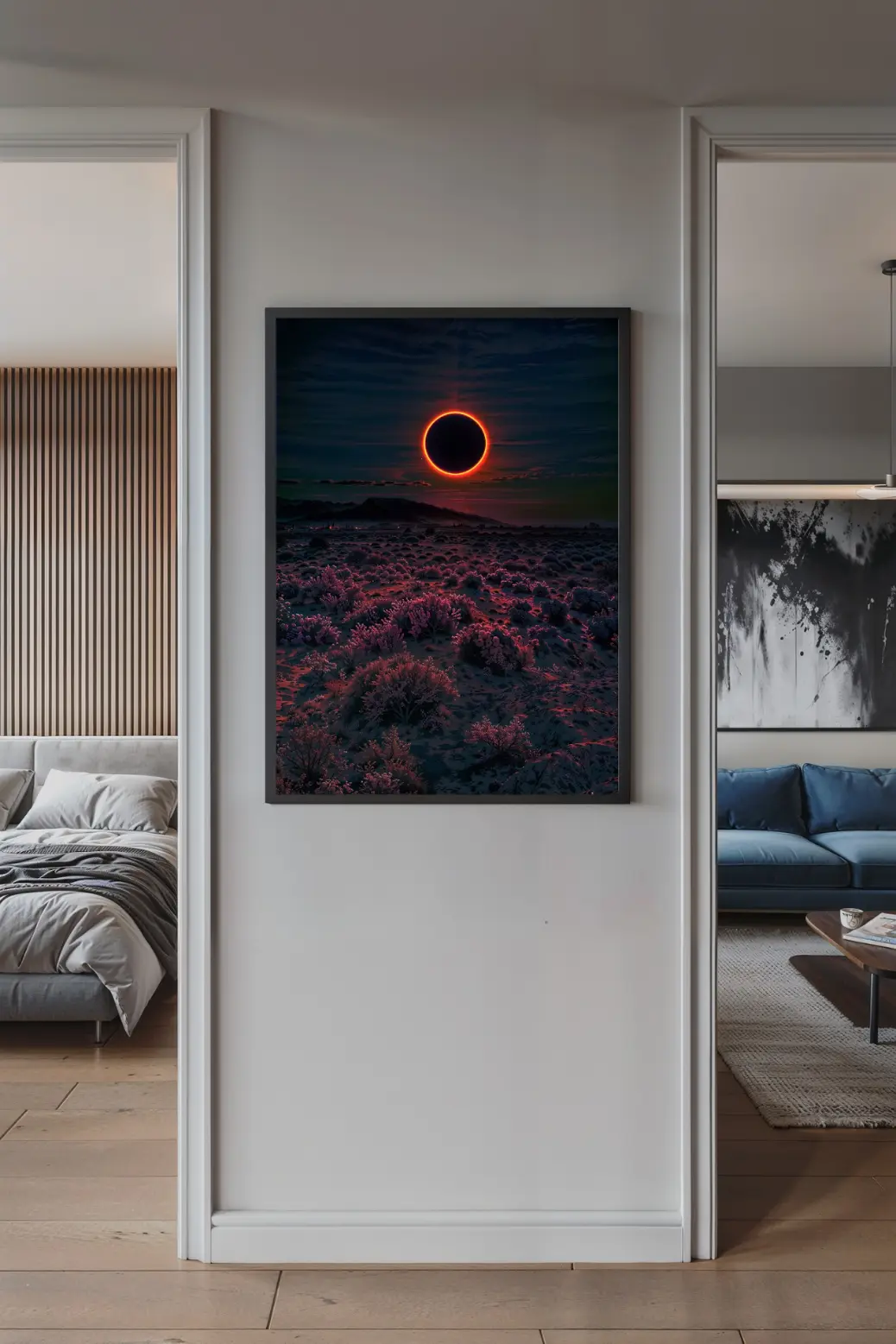 A close-up detail of the "Ring of Fire" digital art, highlighting the 300 DPI quality and the crimson glow on the desert shrubs.