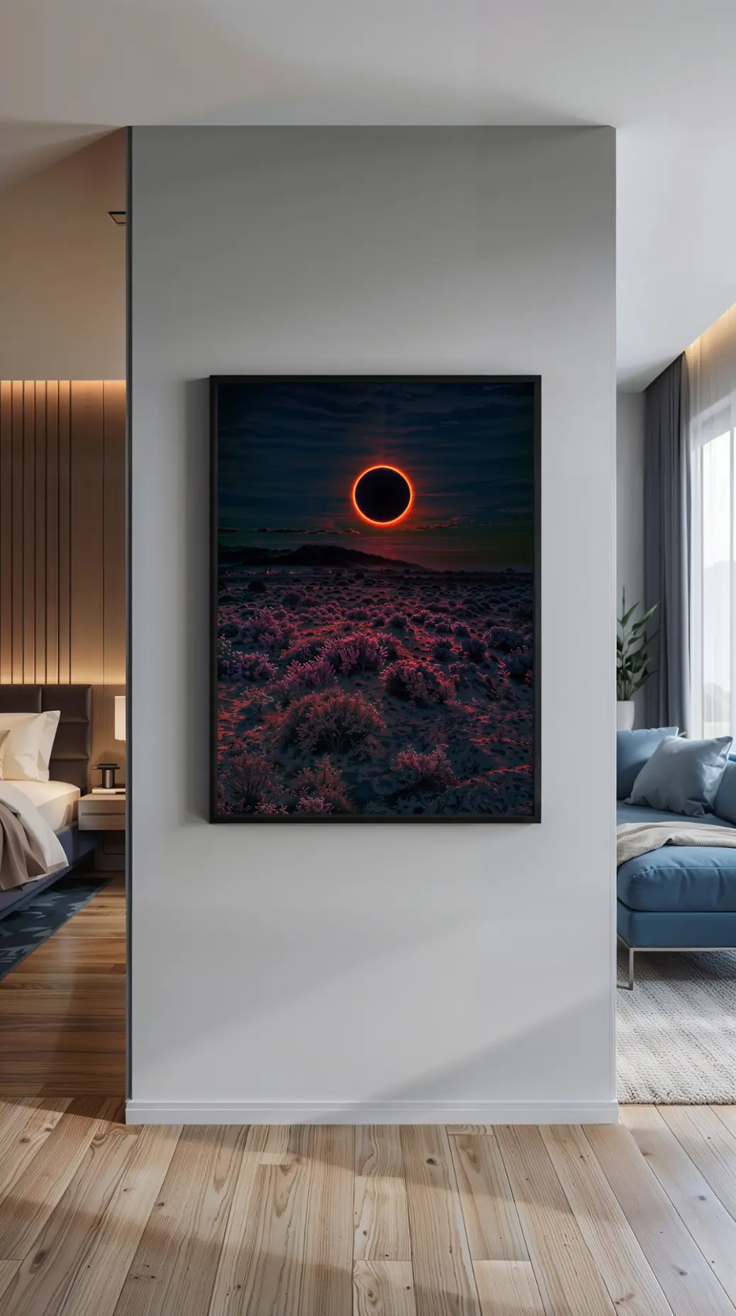 Ring of Fire" solar eclipse digital art showing a dark eclipse over a moody, crimson-lit desert landscape.
