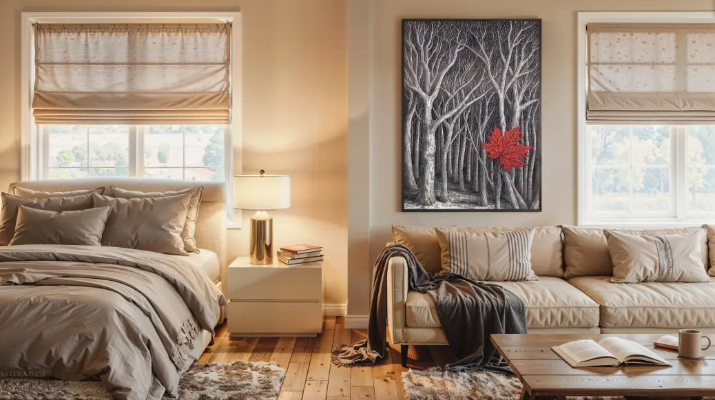 Main Product Image: A stunning digital art print of a single, vibrant red maple leaf standing out against a detailed, monochrome gray forest of leafless trees.