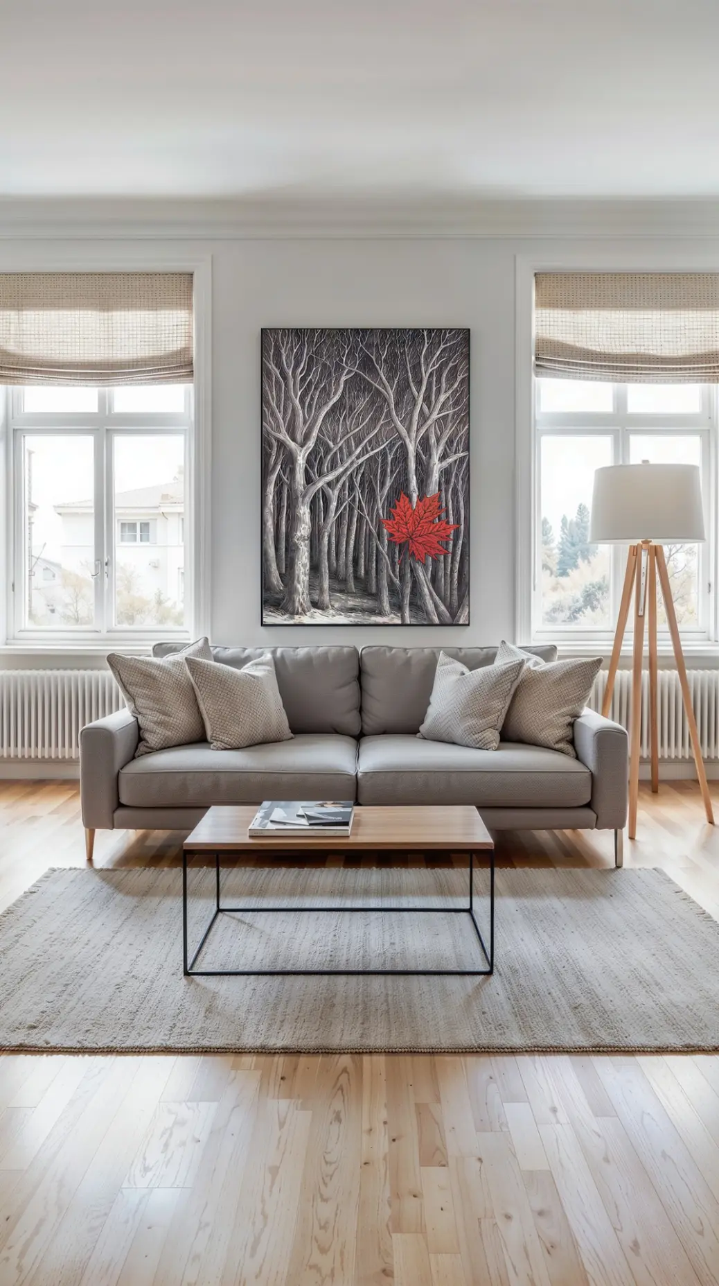 A close-up detail of the 300 DPI red leaf art print, showing the intricate veins in the leaf and the texture of the gray trees.