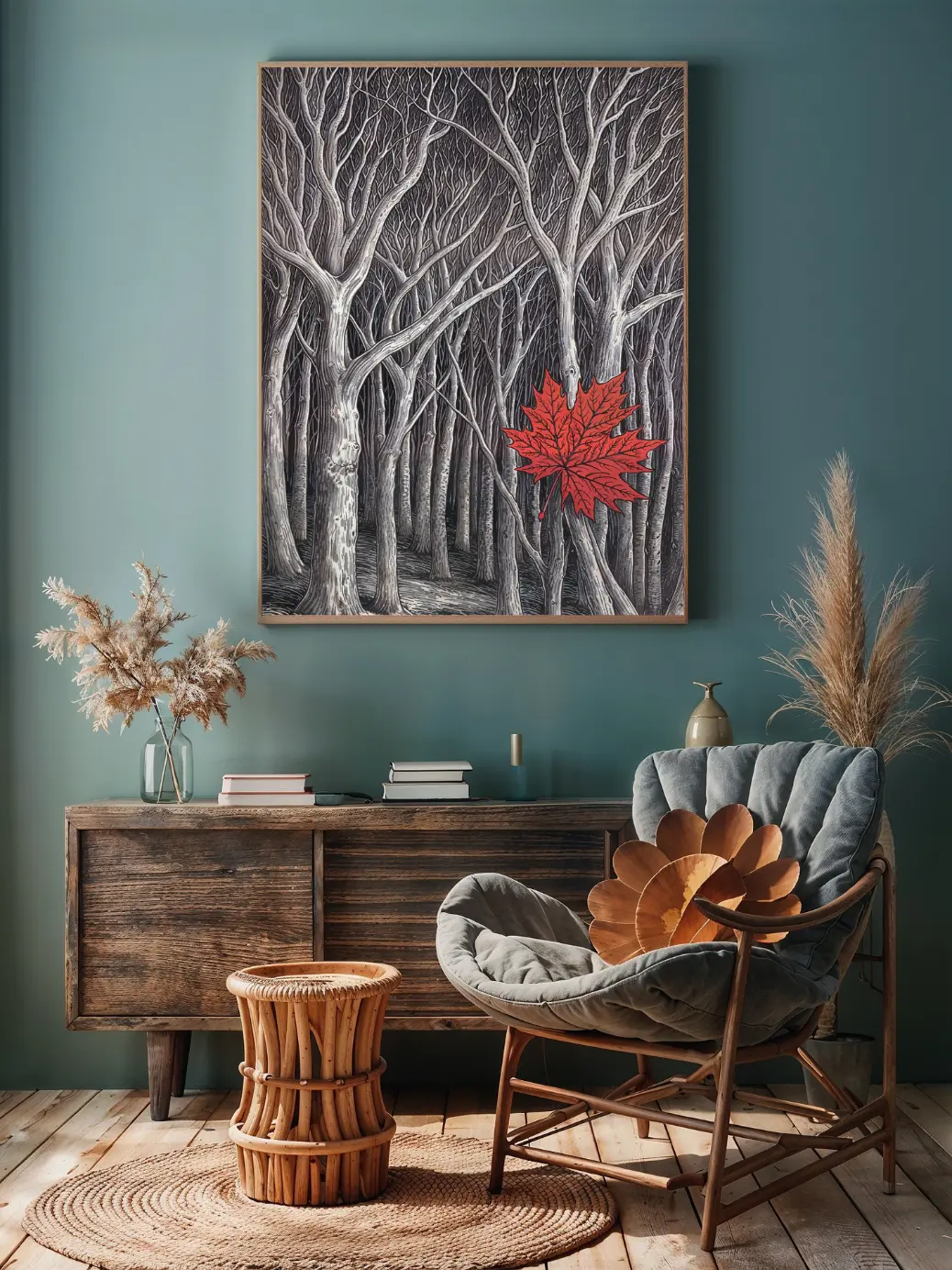 The red leaf in gray forest art print framed in black, hanging above a modern gray sofa in a minimalist living room.