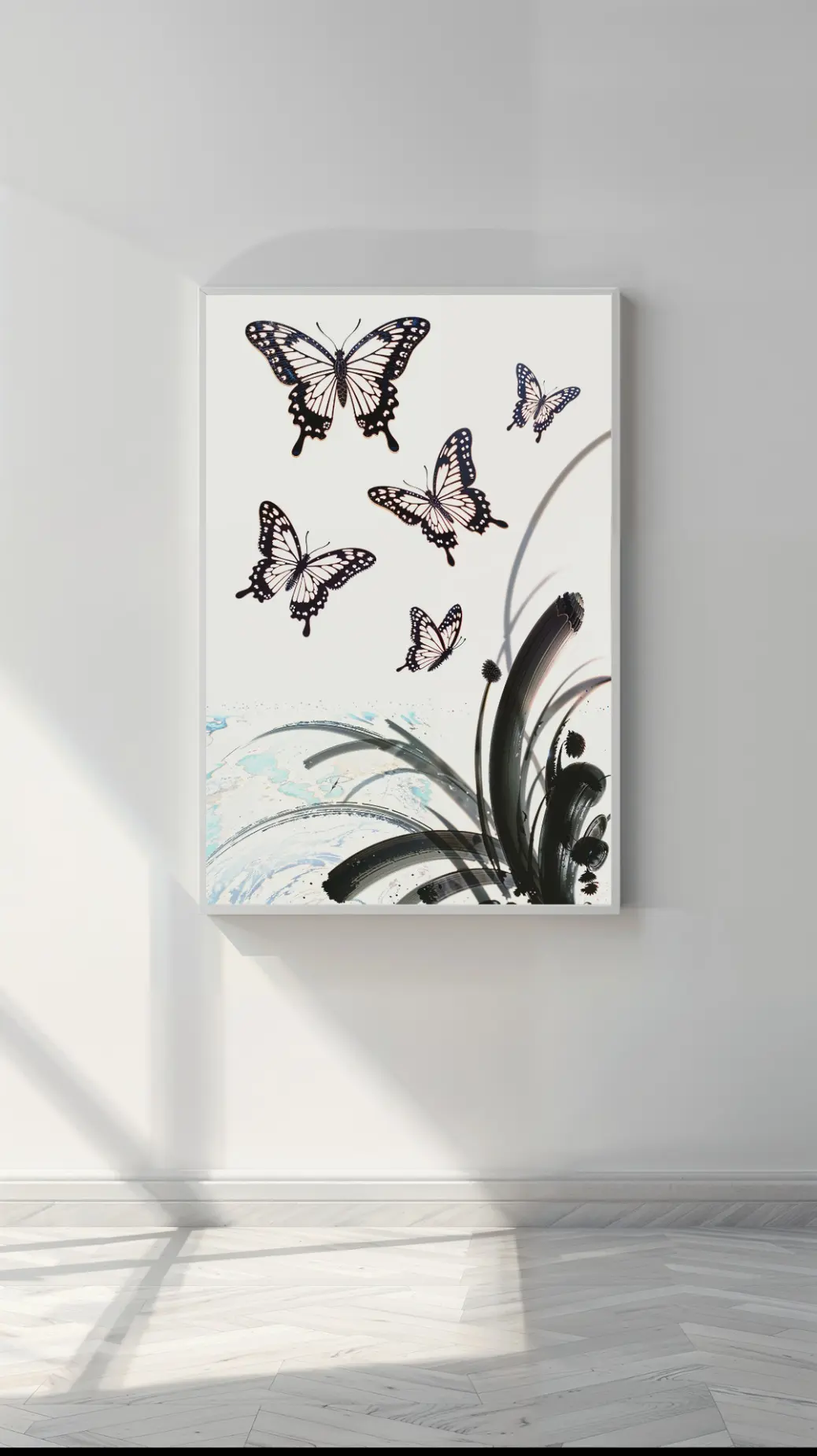 Elegant Ink Butterfly digital art print styled in a minimal living room."