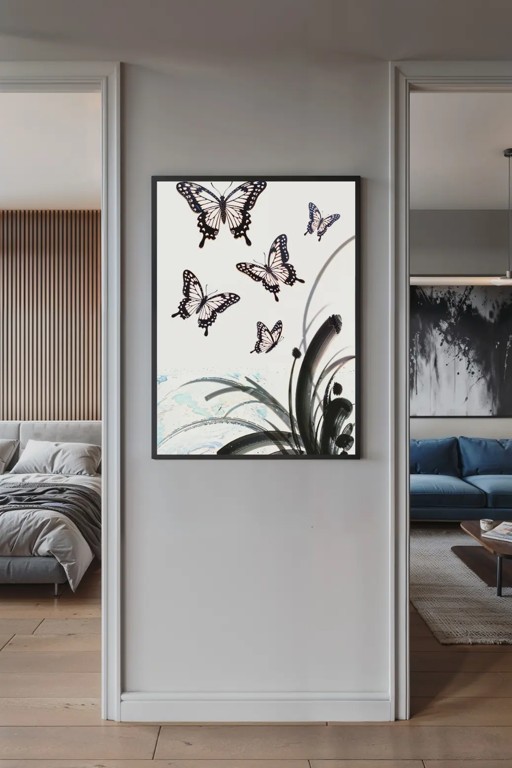 Close-up of the black and white Sumi-e style butterfly printable art."
