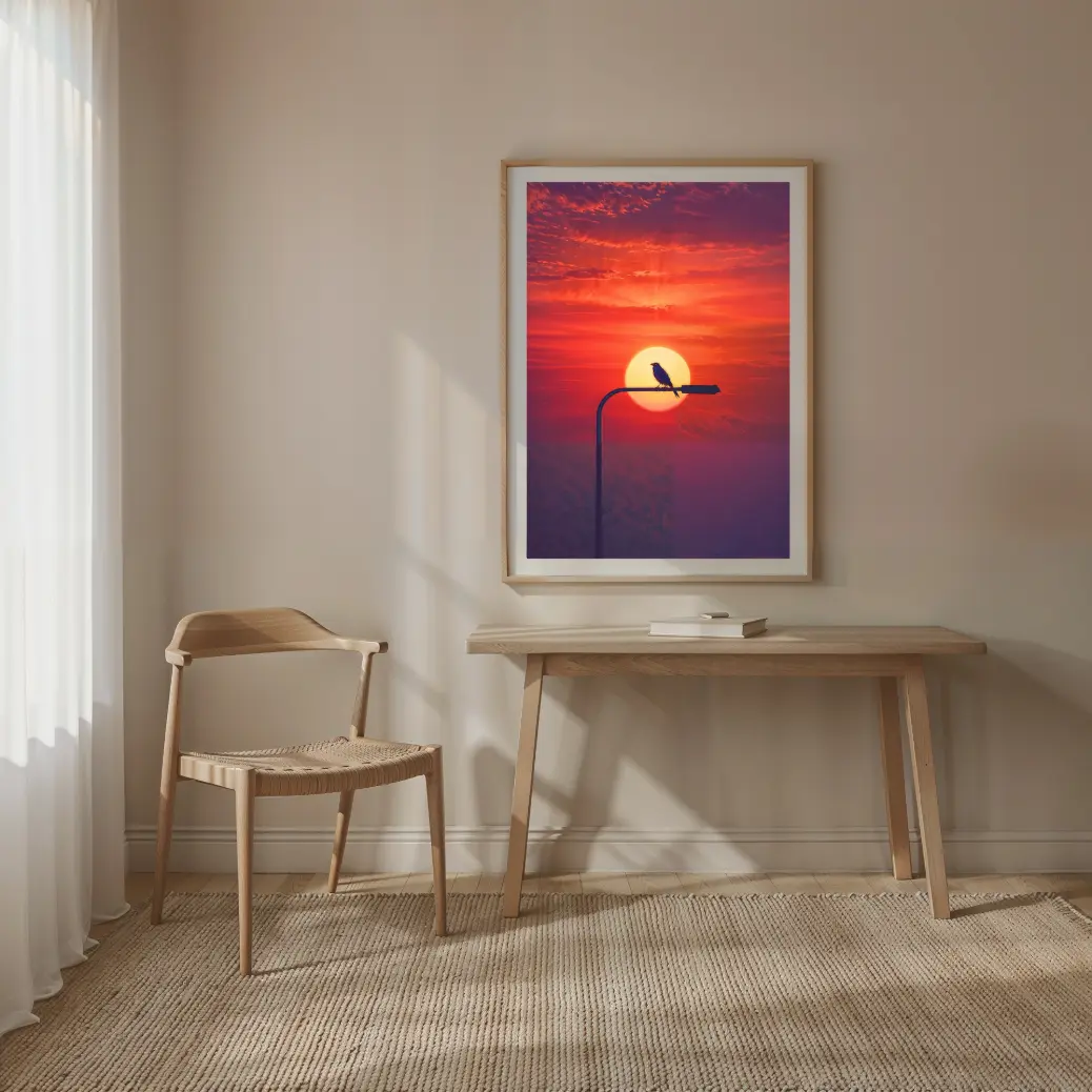 A close-up detail shot of the sunset bird digital art, showing the high-resolution 300 DPI quality. The silhouette of the bird is crisp against the bright, glowing sun, and the sky's color gradient is smooth.