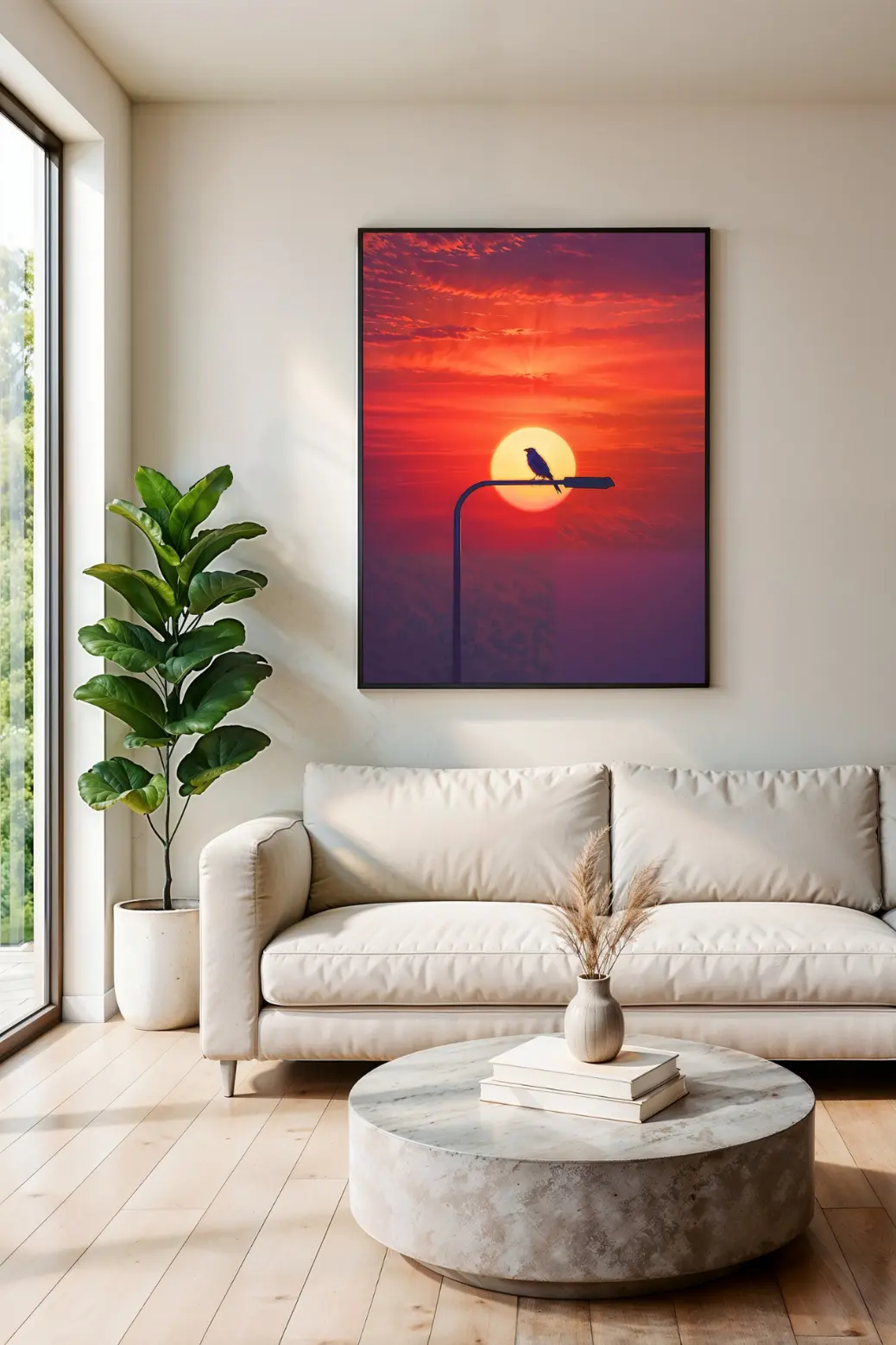 The sunset bird art is shown in a medium frame on the wall behind a clean, white WFH office desk. The print's vibrant colors add personality and a 'window' vibe to the professional, minimalist workspace.