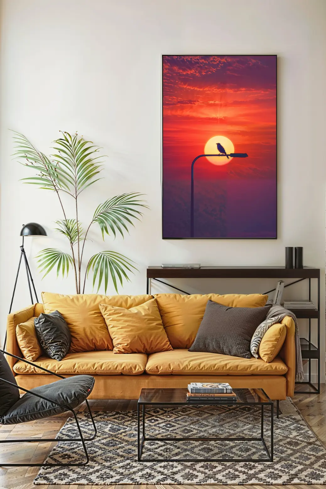 The sunset bird silhouette art, in a large 24x36 black frame, hangs on a light grey wall above a modern sofa. The art's warm red and orange colors create a stunning, cozy focal point in the living room.