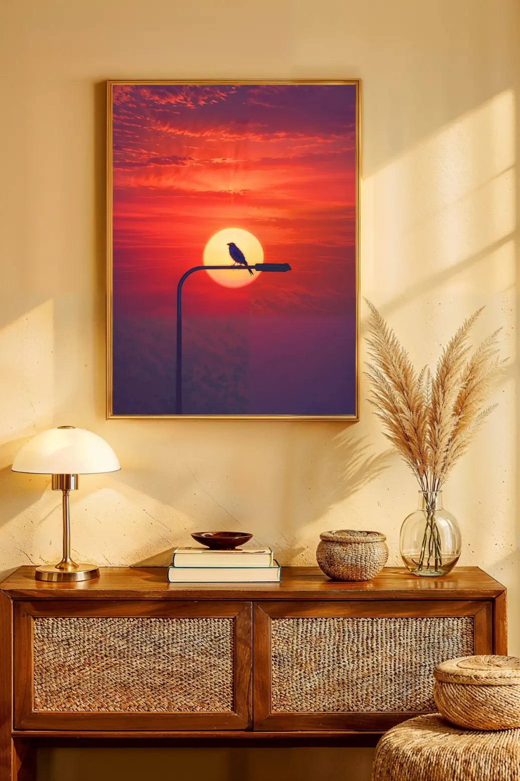 A bird is silhouetted in black against a giant, glowing sun. The sun is set in a fiery, vibrant sky of deep red and orange, with a single street lamp post holding the bird. The art has a modern, minimalist feel.
