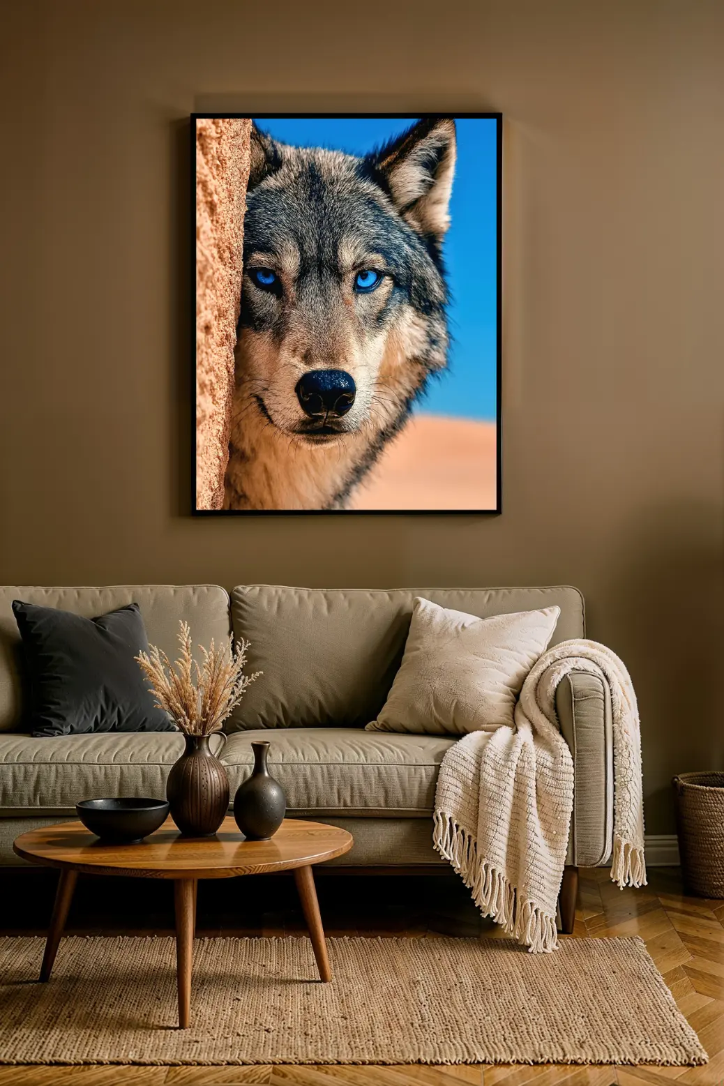 Styling idea for the blue-eyed wolf digital art, shown as a large framed print in a modern living room. The art hangs over a grey couch with yellow pillows, showing how the 2:3 ratio printable fits as statement decor. This is from a blog post reviewing the art.