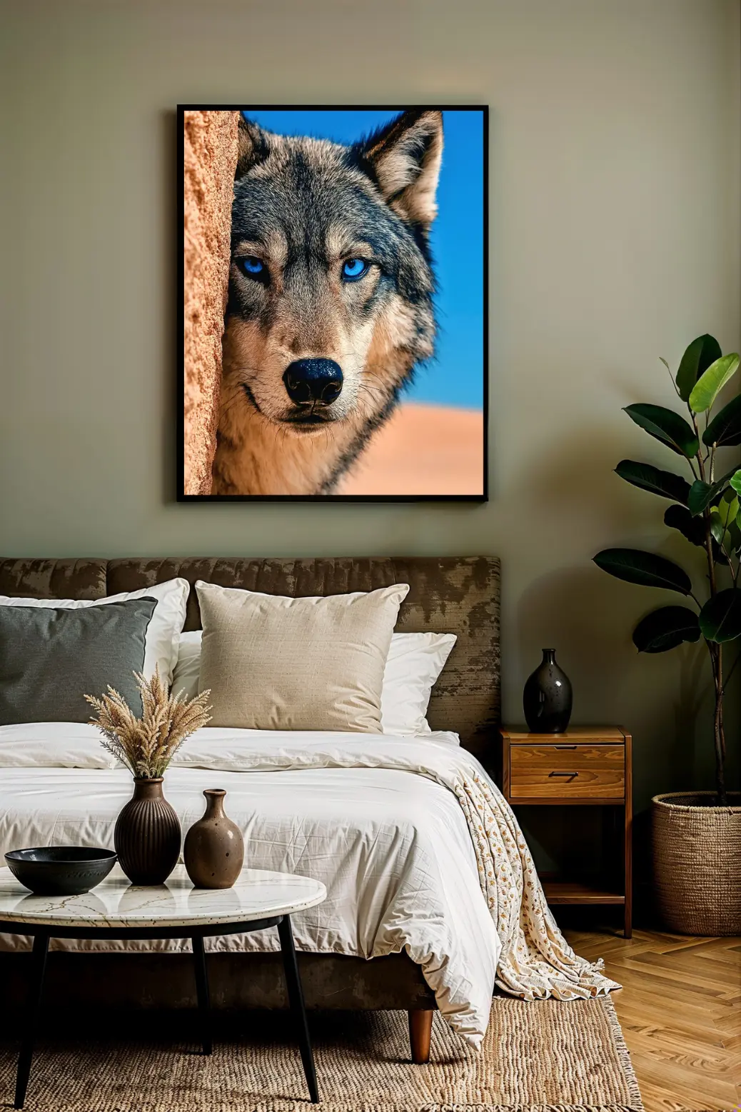 A blog post review image showing the blue-eyed wolf printable art styled in a home office. The print is in a natural wood frame above a white desk and computer, adding a &#39;vibe&#39; to the workspace. This shows the instant download&#39;s versatility.