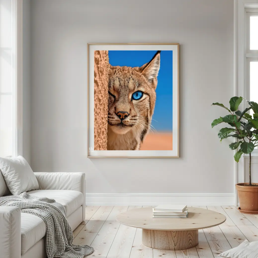 Interior design inspiration showing the Blue Eyed Lynx digital art framed as a large 24x36 inch statement piece above a modern beige sofa. The image demonstrates how the 2:3 ratio printable art fits perfectly in a standard living room setting, adding a focal point of wildlife beauty to a neutral color palette. A perfect example of affordable DIY home decor.