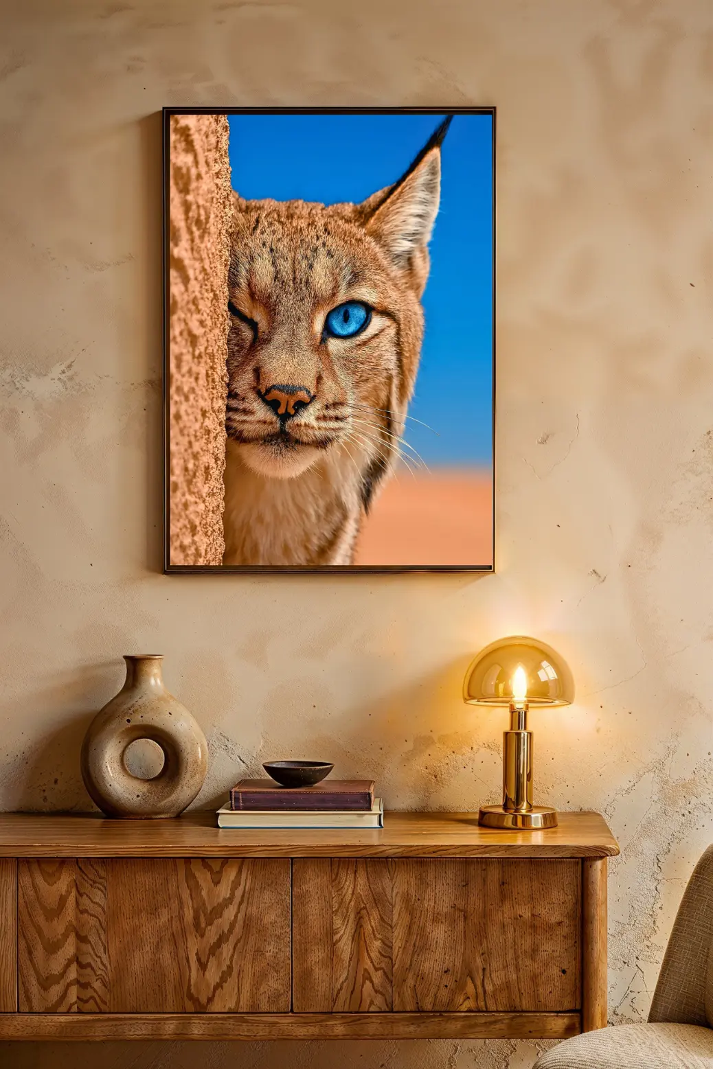 A close-up, zoomed-in view of the Blue Eyed Lynx artwork to showcase the print quality. The image highlights the high-definition 300 DPI resolution, revealing the intricate texture of the cat&#39;s whiskers, ear tufts, and the rugged surface of the rock. This detail shot proves that the digital PNG file retains professional quality even when printed at large sizes.