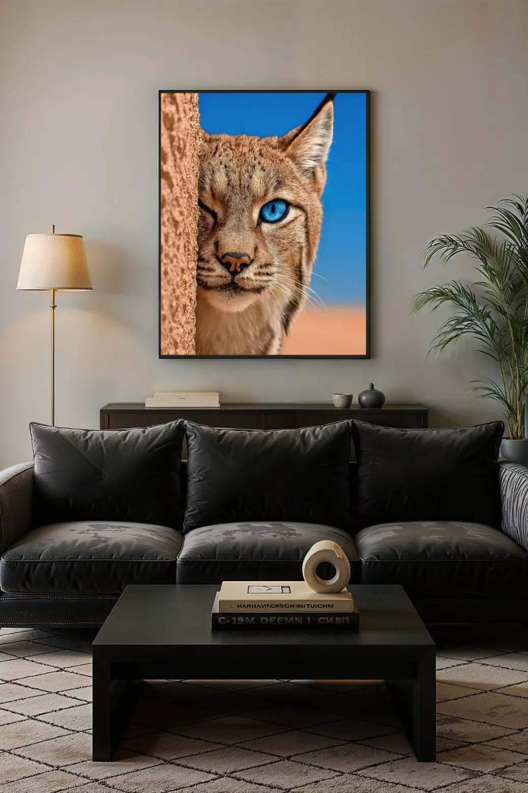 A cozy reading nook styling idea featuring the wild cat art print in a rustic wood frame, hung low next to a leather armchair and a warm lamp. The lynx&#39;s curious expression adds a sense of companionship to the space. This image illustrates how to style wildlife art in small, intimate corners of a home to create a warm and inviting atmosphere.