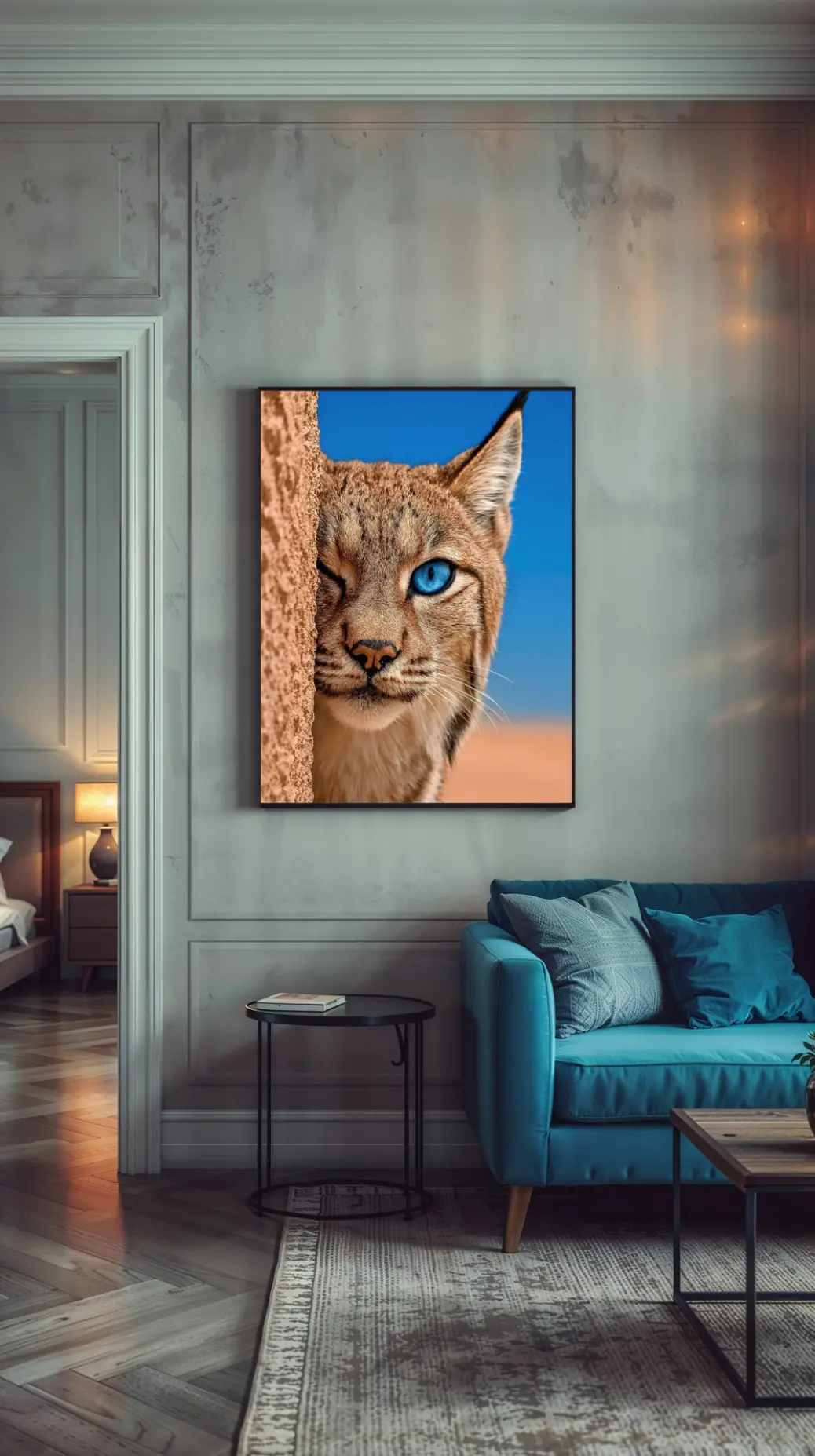 The Blue Eyed Lynx printable art displayed in a bright entryway above a wooden console table. The bright blue sky in the background of the art helps to visually open up the hallway space, while the natural tones ground the decor. This serves as a styling guide for using digital downloads to create a welcoming first impression in your home entrance.