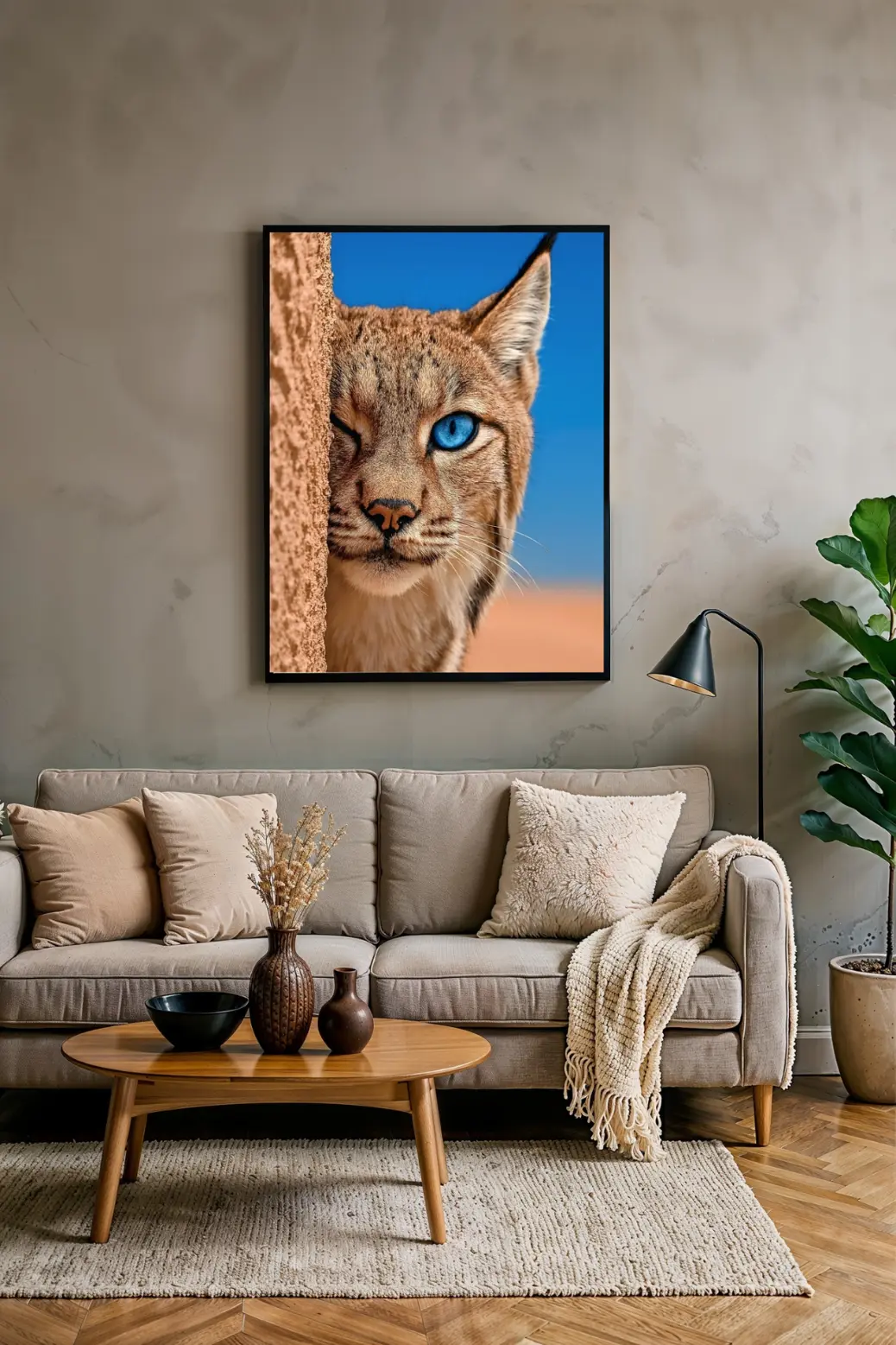 A boho-style shelf arrangement featuring the framed lynx print surrounded by trailing pothos and snake plants. This image highlights the trend of biophilic design, showing how the wildlife subject matter of the art pairs naturally with indoor greenery. It inspires plant lovers to incorporate animal portraits into their &#34;urban jungle&#34; aesthetic.
