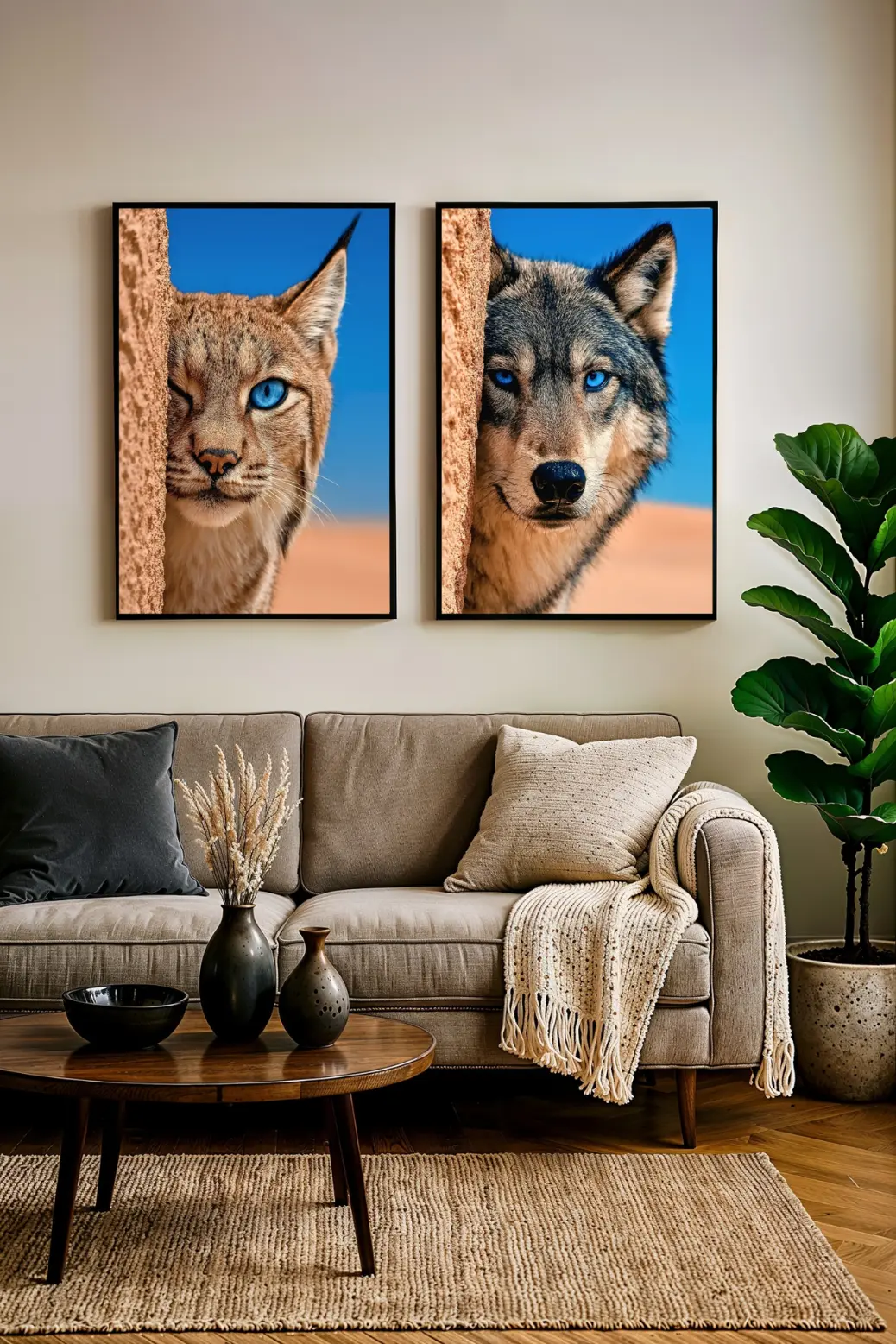 A stylish living room interior featuring a matching set of digital wall art prints framed side-by-side above a beige sofa. On the left is a grey wolf and on the right is a wild lynx, both peeking from behind textured rocks against a bright blue sky. This mockup demonstrates how to style the &#39;Blue Eyed Duo&#39; printable art set to create a cohesive, nature-inspired focal point in a modern home.
