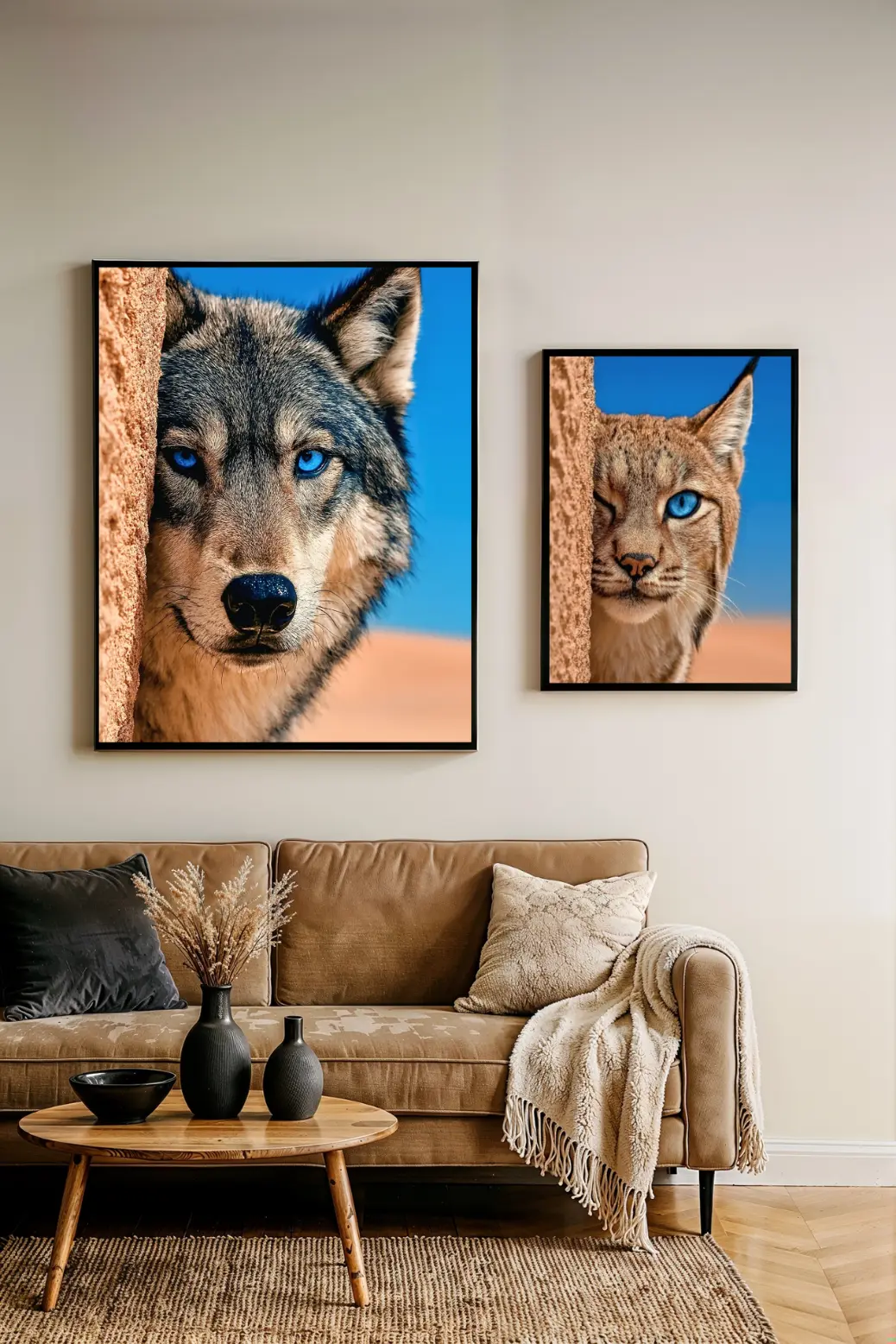 High-resolution digital art print of a grey wolf with intense blue eyes looking out from behind a sandstone wall. The image highlights the sharp detail and 300 DPI quality of the downloadable PNG file. This specific print is half of the &#39;Blue Eyed&#39; wildlife collection, designed to add a bold, rustic touch to home offices or bedrooms through affordable DIY printing.
