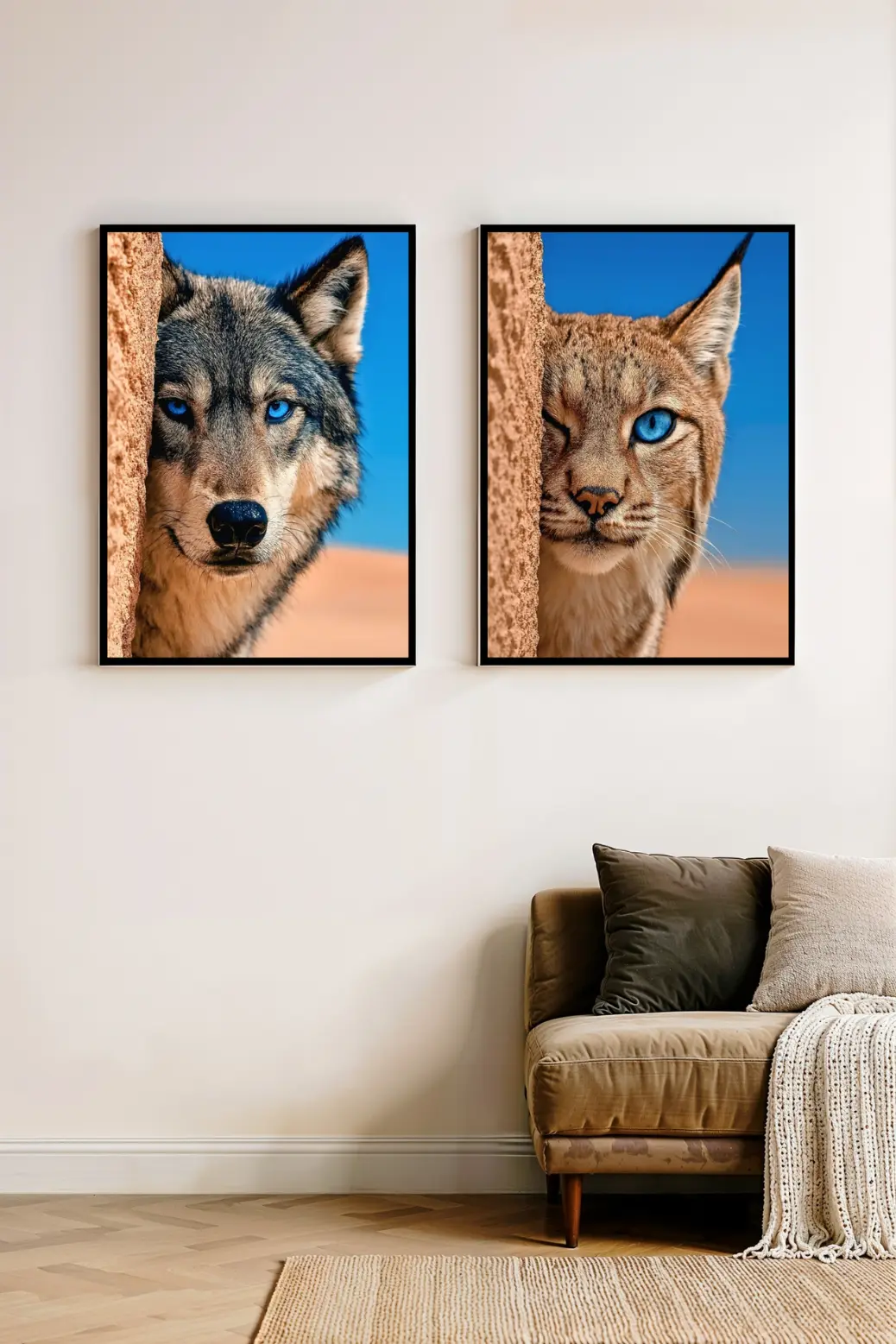 Detailed view of the Blue Eyed Lynx digital art print, showing the texture of the wild cat&#39;s fur and its piercing blue eye. The lynx is depicted peeking around a rock, matching the composition of its companion wolf print. This instant download file is perfect for nature lovers looking for high-definition, printable wall decor that brings the outdoors inside.