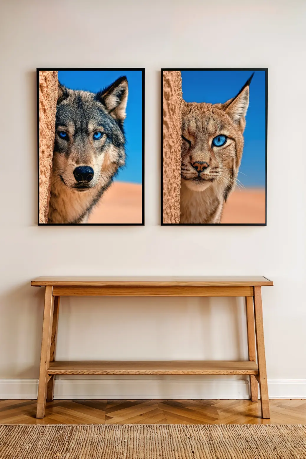 A vertical styling concept for the Blue Eyed Wolf and Lynx art set. The image shows the two framed prints stacked one above the other on a narrow wall, maximizing vertical space. This arrangement illustrates the versatility of the 2:3 ratio digital downloads, proving they look just as stunning in a hallway or narrow office nook as they do in a large living room gallery wall.