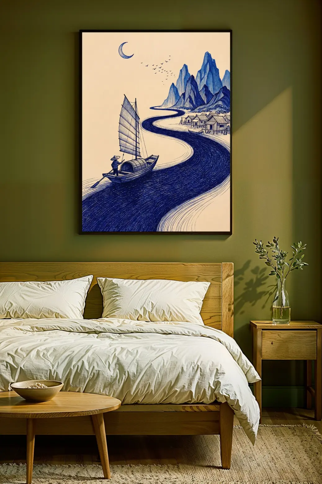 Modern living room interior design featuring the Blue Ink River Journey art print hanging above a grey sofa. The large 24x36 inch poster frame showcases the deep blue river winding through mountains, providing a calming focal point in a neutral space. This affordable printable wall art adds a touch of Zen and wanderlust to contemporary home decor styles without needing expensive gallery canvas.