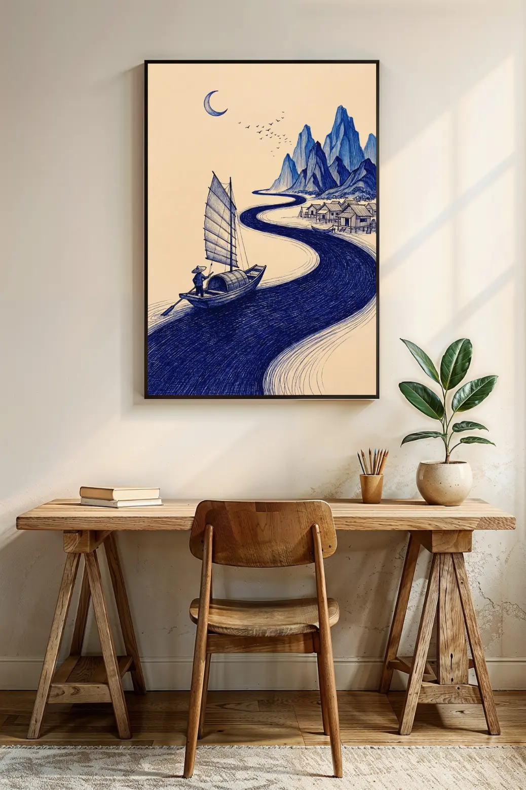 Close-up view of the digital artwork showing the intricate cross-hatching texture of the blue ink drawing. The detail focuses on the wooden texture of the boat and the ripples in the river water. The high-resolution 300 DPI quality is visible, ensuring that the print looks sharp and professional rather than pixelated when printed at large poster sizes.