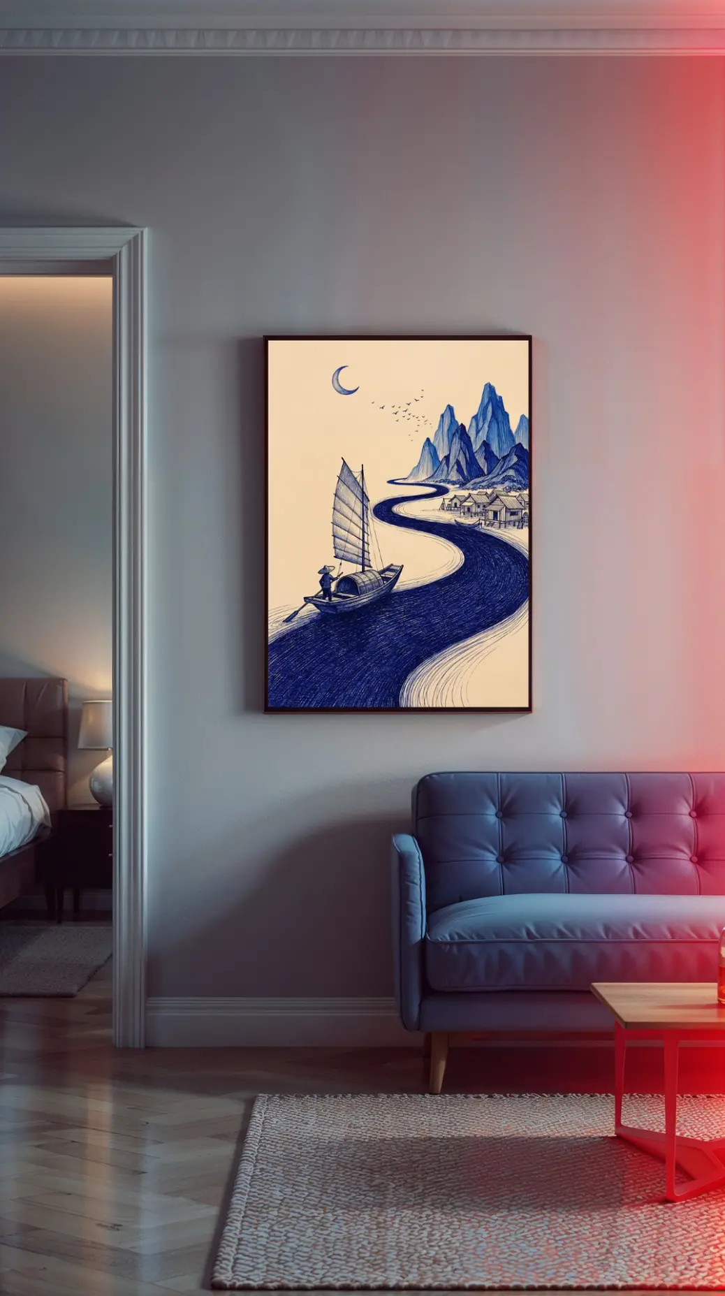 A minimalist home office desk setup featuring the Blue Ink River Journey landscape print on the wall. The calming blue tones of the artwork help reduce stress and improve focus in a workspace. The image highlights how digital downloads can be an affordable way to decorate a rental apartment or dorm room office with high-quality aesthetic art.