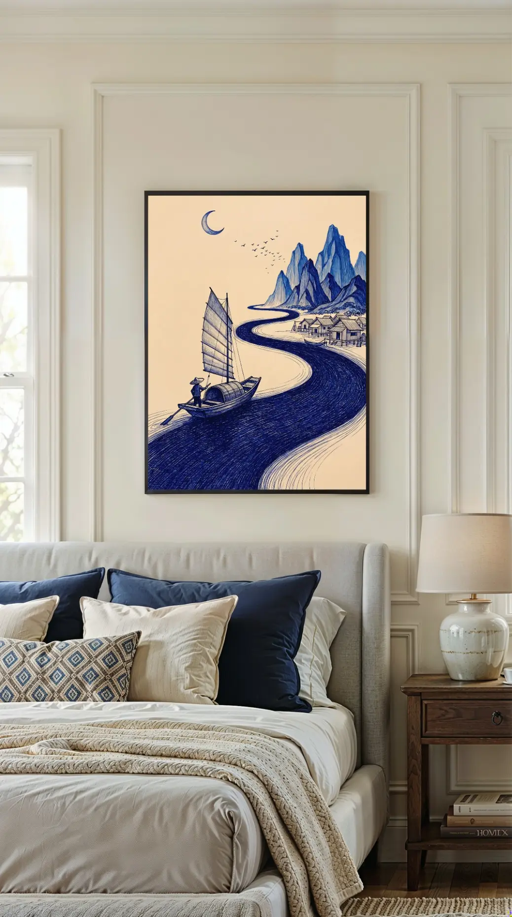 A cozy bedroom setup with the Blue Ink River Journey print framed in light wood leaning against a wall on a nightstand. The artwork's crescent moon and quiet river scene create a sleepy, peaceful atmosphere perfect for bedroom decor. The image demonstrates the versatility of the 2:3 aspect ratio file for smaller print sizes like 12x18 inches next to a lamp and books.