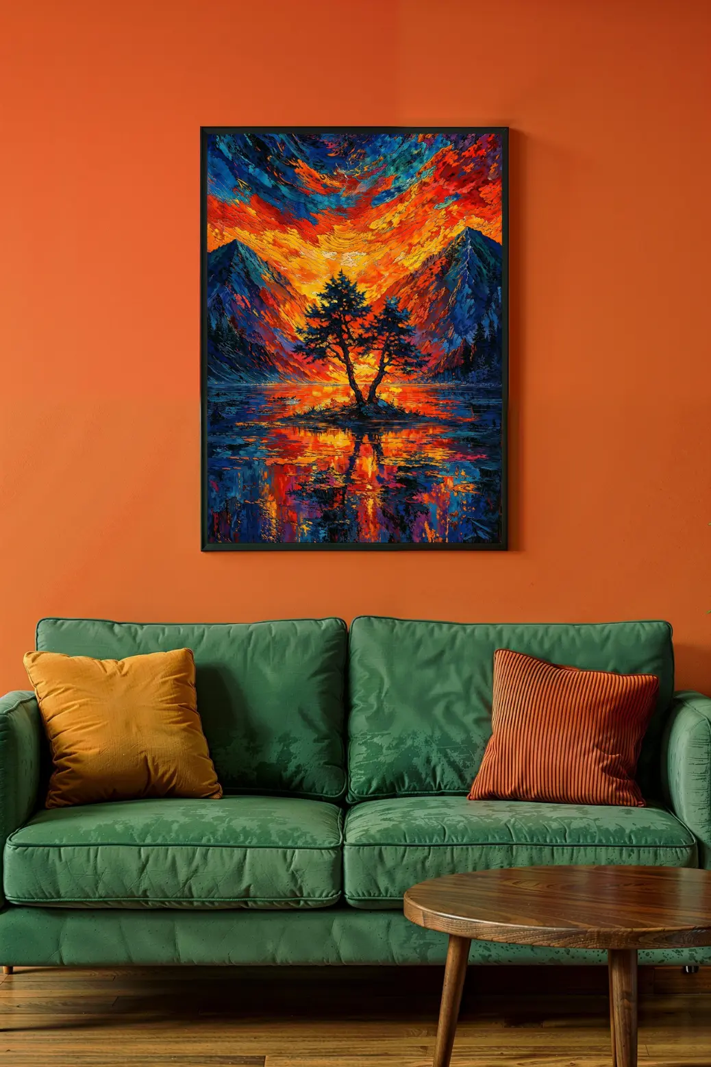 Interior design inspiration featuring a colorful digital art print of a mountain sunset mounted on a wall. The image highlights the vivid orange and blue color palette that adds energy to neutral spaces. This affordable digital product allows for instant printing and framing, providing a cost-effective solution for decorating empty walls in apartments, dorms, or modern homes with nature-themed art.