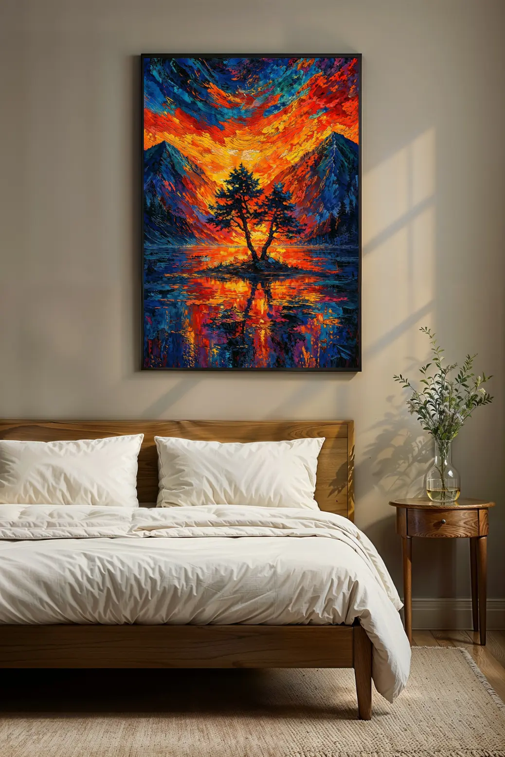 High-quality 300 DPI digital art print showing a dramatic landscape with jagged blue mountains and a blazing sunset sky, designed as a downloadable wall hanging for living rooms or home offices. The artwork features a painterly texture with reflections on the water, available in a 2:3 aspect ratio suitable for standard frame sizes like 24x36 inches, offering an affordable way to upgrade interior design.
