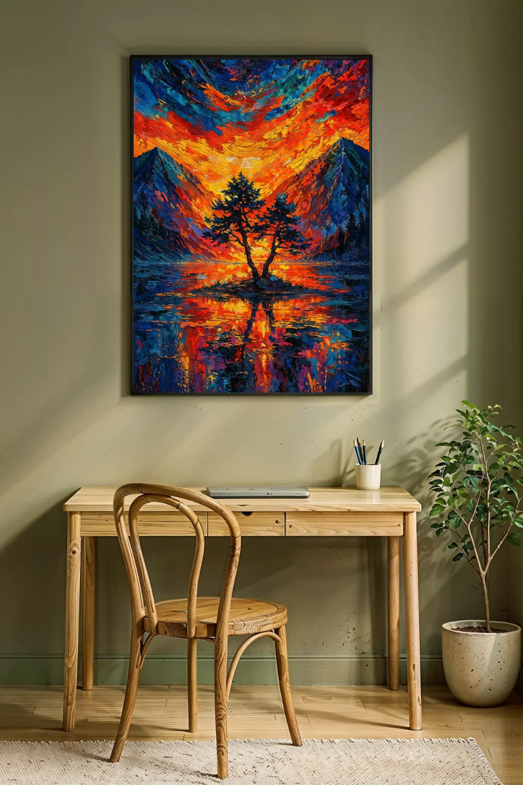 A breathtaking digital illustration of a sunset over a mountain lake, characterized by deep saturation and high contrast colors. The central focus is a pair of trees silhouetted against the light, creating a serene yet dynamic atmosphere. This art piece serves as a perfect example of modern digital decor, available for instant purchase and download for users seeking unique and expressive wall art.