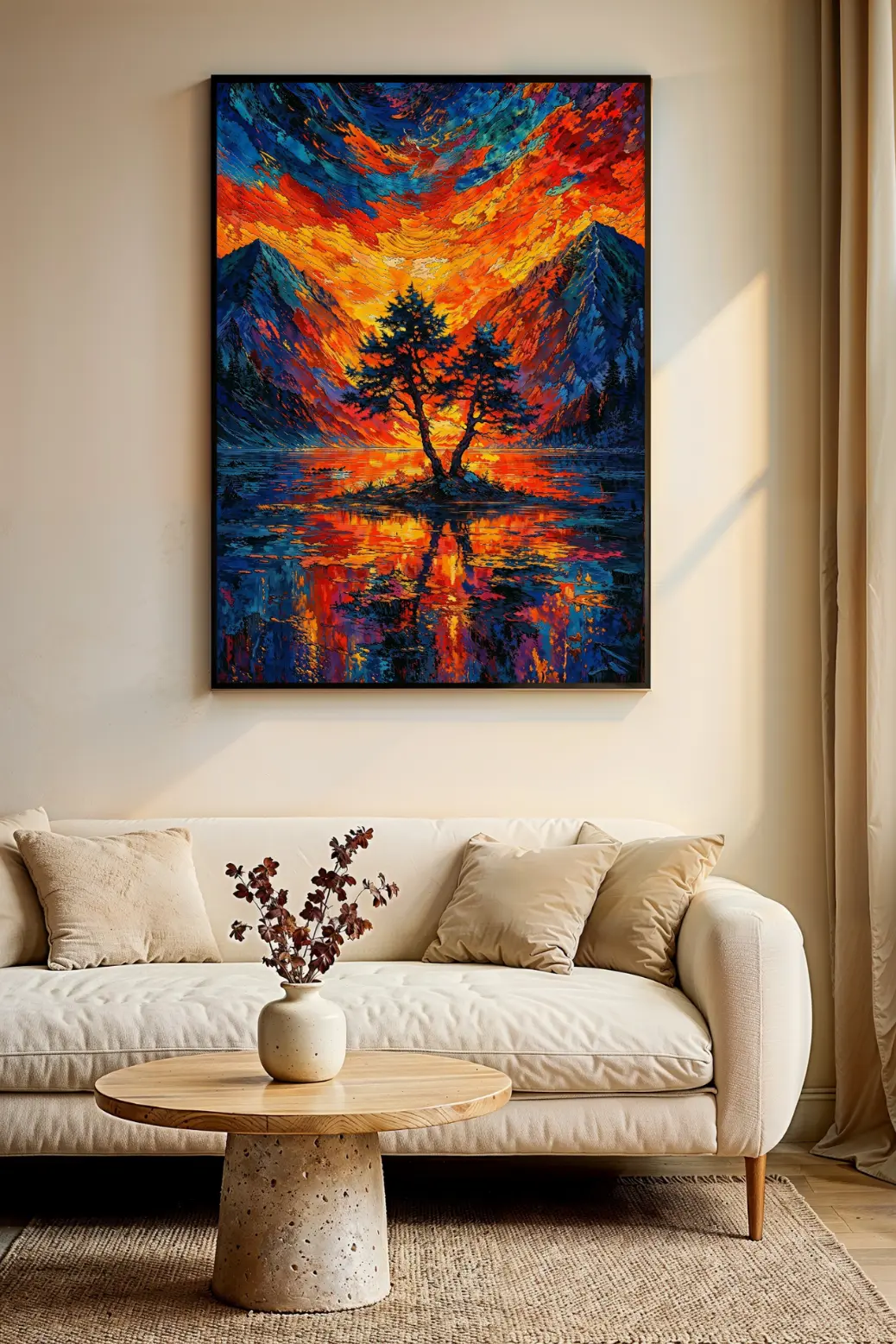 A breathtaking digital illustration of a sunset over a mountain lake, characterized by deep saturation and high contrast colors. The central focus is a pair of trees silhouetted against the light, creating a serene yet dynamic atmosphere. This art piece serves as a perfect example of modern digital decor, available for instant purchase and download for users seeking unique and expressive wall art.